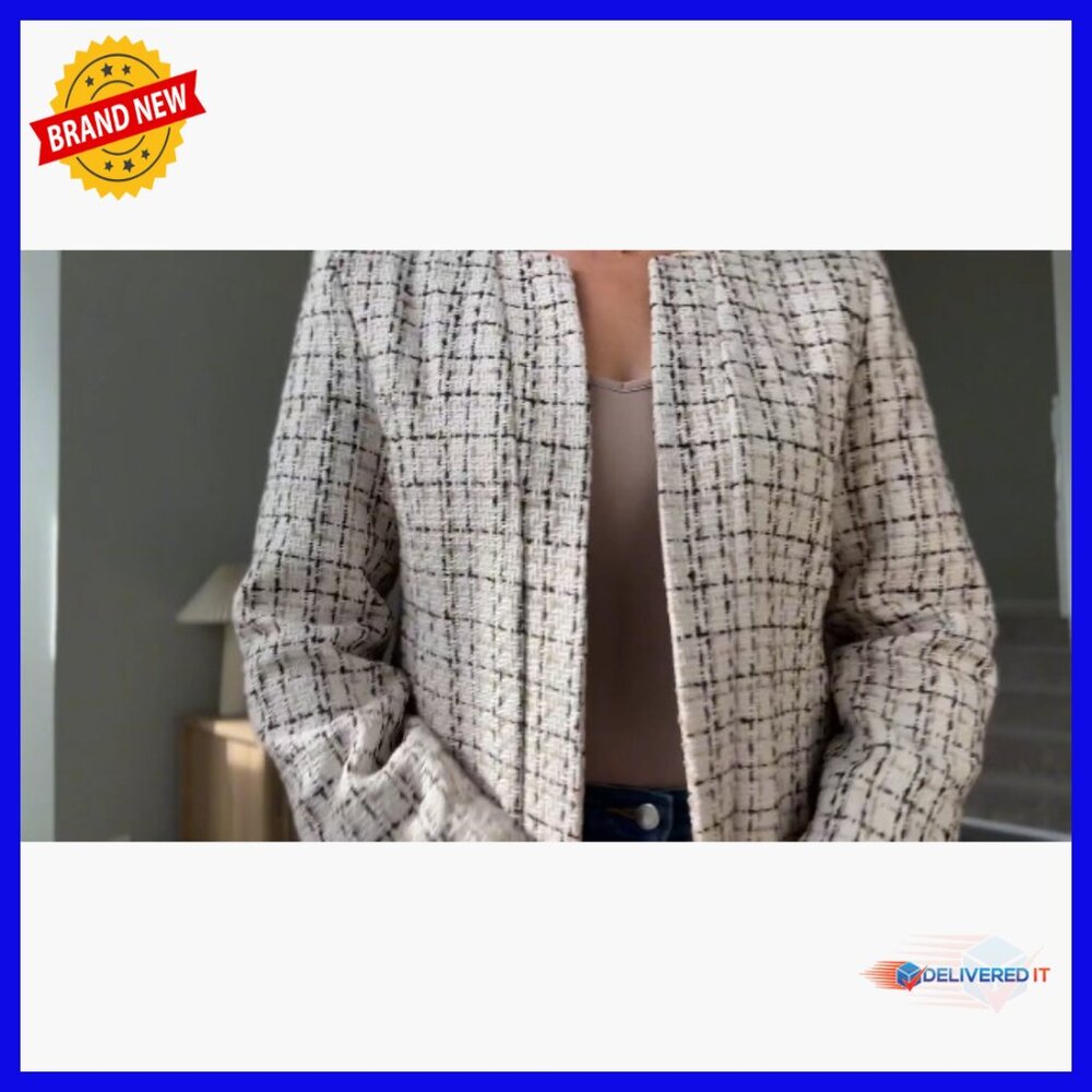Lightweight Tweed Blazer Open Front Notch Collar Office Work Casual - Picture 7 of 7